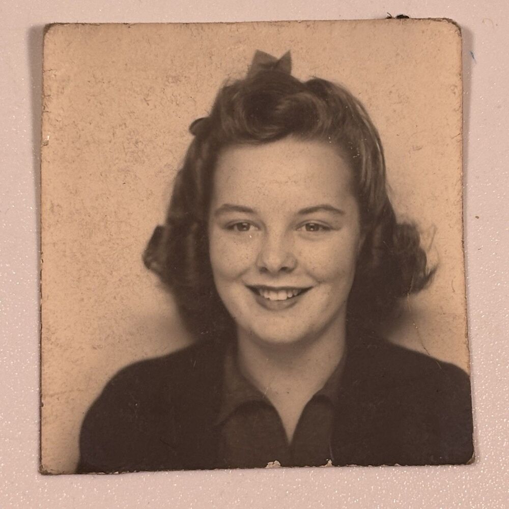 Beautiful Pretty Girl Woman Vintage Photo 1940s Photo Booth Ribbon Smiling 1x1”